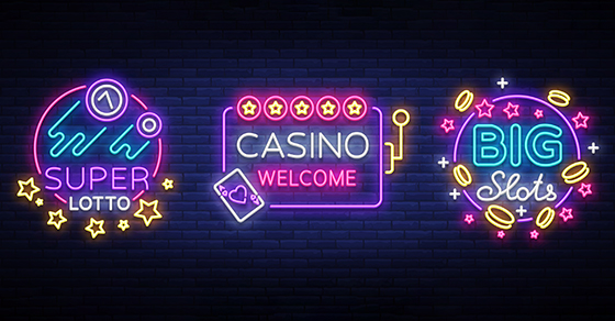 Casino set of s in neon style. Design template. Neon sign collection, light banner, billboard, bright light advertising gambling, casino, poker, slot machines, bingo lotto. Vector illustration