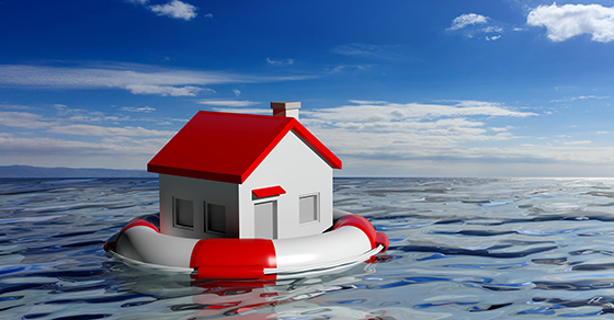 Life buoy and a small house on blue sea background. 3d illustration