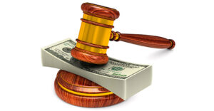 wooden gavel and money on white background. Isolated 3D illustration