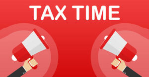 Megaphone Hand, business concept with text Tax time. Vector illustration